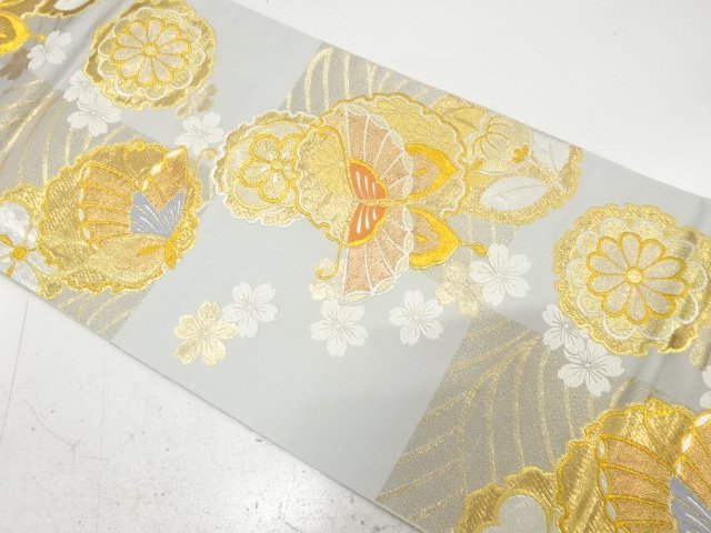 Fukuro obi for furisode (kimono sash) with interwoven snowflake, butterfly, chry